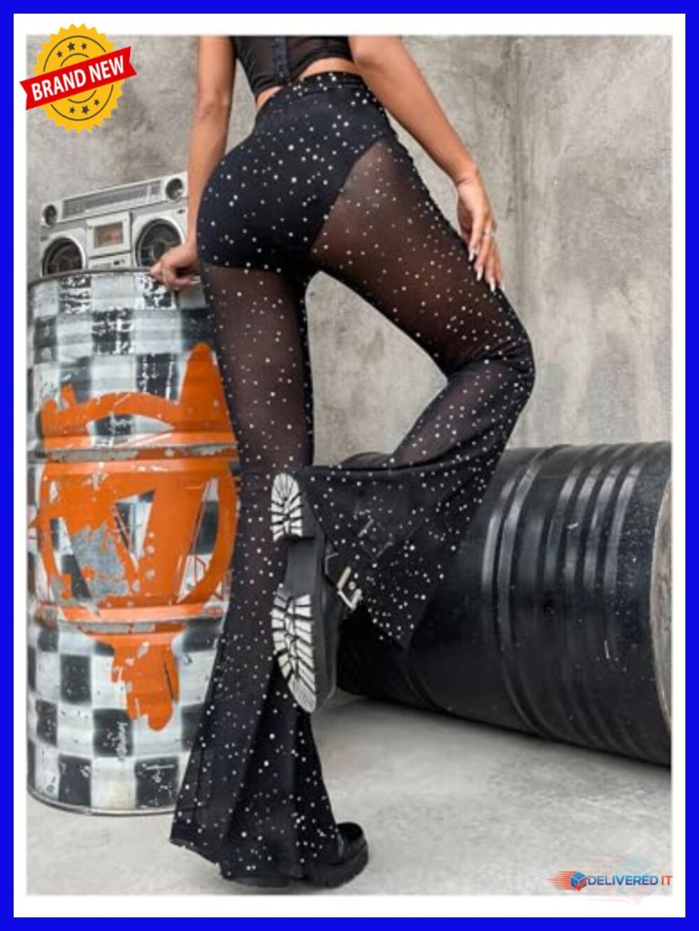 Sequin Flare See Through Mesh Bell Bottom Pants High Waist Rave Party - Picture 2 of 4